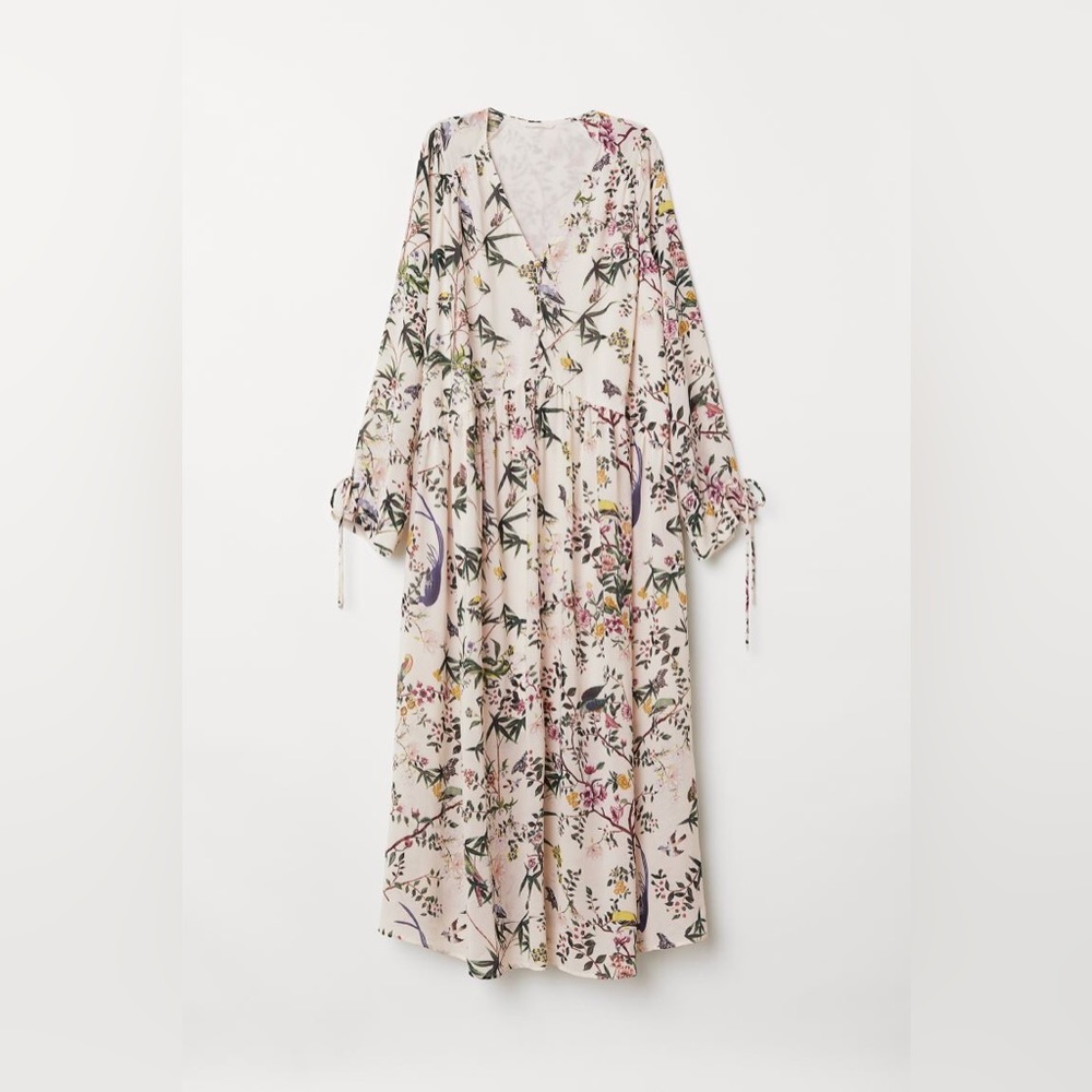 H&M Women’s White Floral Bird Print V-Neck Long Raglan Sleeve Dress 8